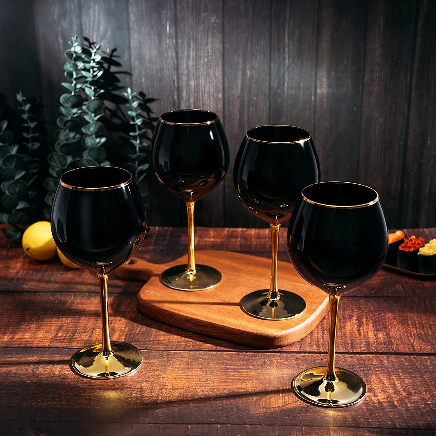 Set of 4 Black Wine Glasses Gold Stemmed 14 oz by The Wine Savant - Gold Rim Wine Glasses, Black Colored Wine Glasses Luxury Wine Glassware Wine Tasting, Wedding Gift, Anniversary, Birthday-4