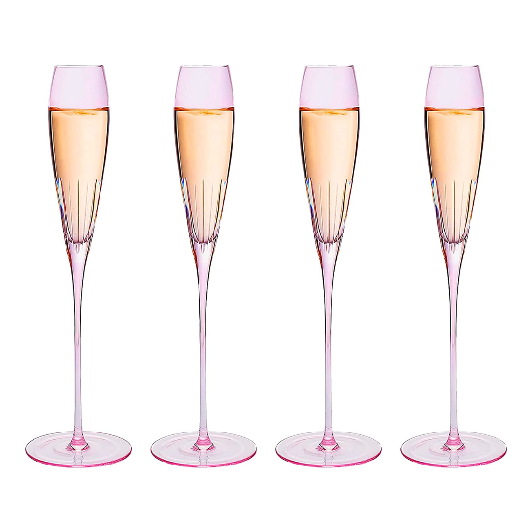 Paris Collection Crystal Pink Flutes Wine Glasses Champagne Prosecco Flute 8.5 oz Set of 4 - The Wine Savant - Extraordinary Parisian Glass For Wedding Beautiful Present Anniversary Birthday Gift-0