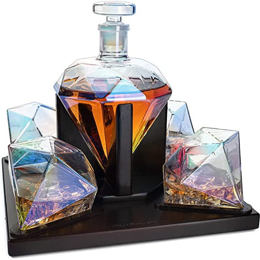 The Wine Savant Diamond Whiskey and Wine Decanter, Great Gift! 750ml With 4 Diamond Glasses and Beautiful Mahogany Wooden Holder Liquor, Scotch, Rum, Bourbon, Vodka, Tequila Decanter-0