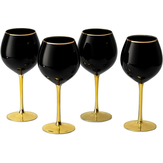 Set of 4 Black Wine Glasses Gold Stemmed 14 oz by The Wine Savant - Gold Rim Wine Glasses, Black Colored Wine Glasses Luxury Wine Glassware Wine Tasting, Wedding Gift, Anniversary, Birthday-0