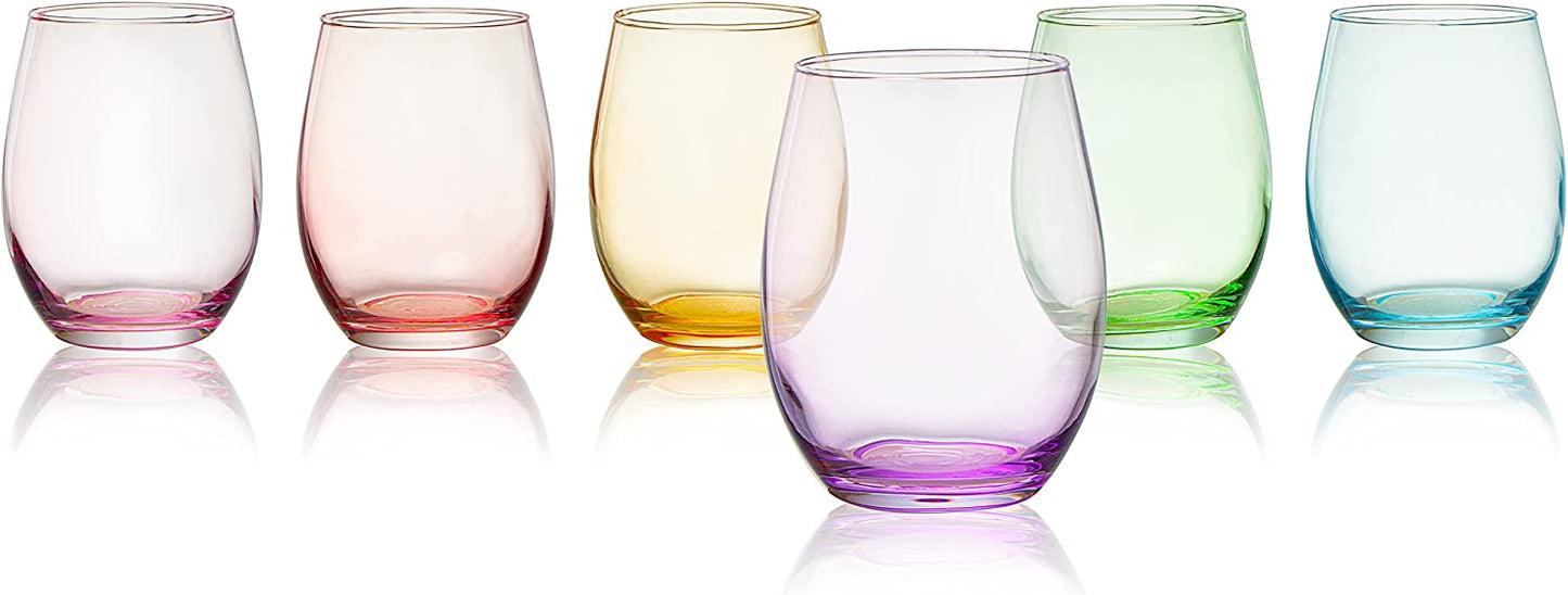 Colored Wine Glass Set, Large 12 oz Glasses Set of 6, Unique Italian Style Short Tumblers for White Wine , Red Wine, Water, Margarita Glasses, Colored Tumbler, Gift, Gifts (Stemless)-1