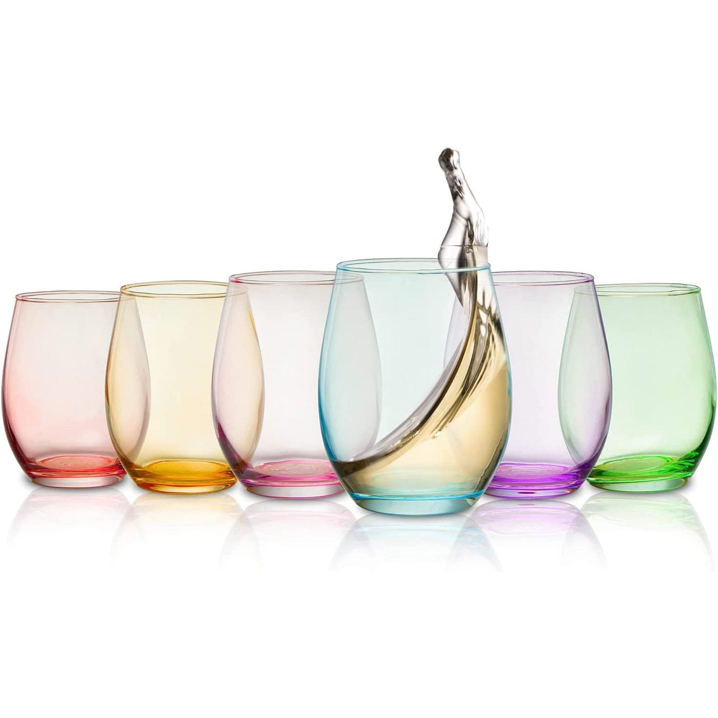 Colored Wine Glass Set, Large 12 oz Glasses Set of 6, Unique Italian Style Short Tumblers for White Wine , Red Wine, Water, Margarita Glasses, Colored Tumbler, Gift, Gifts (Stemless)-0