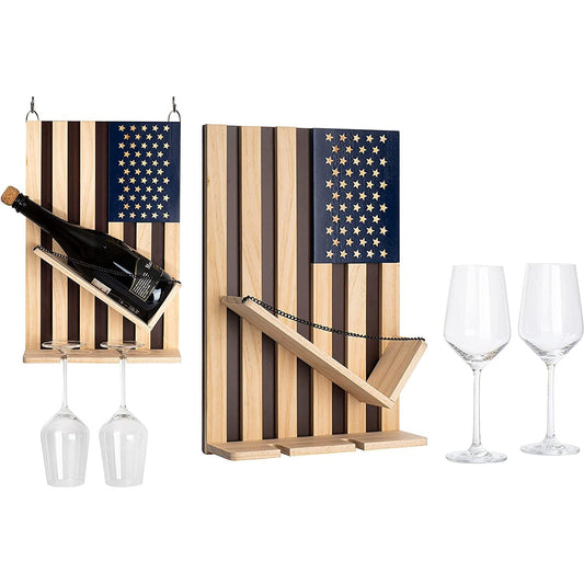 American Flag Wine & Bottle Wall Rack Holder with 2 Wine Glasses by The Wine Savant - patriotic Centerpiece Home Decor Wine Storage Rack Display Holder Gun Gifts for Patriots, Veterans, Military 16"H-0