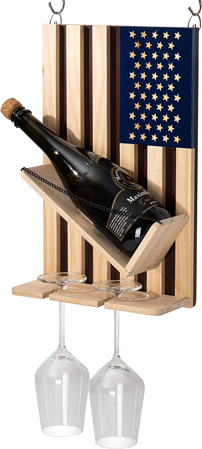 American Flag Wine & Bottle Wall Rack Holder with 2 Wine Glasses by The Wine Savant - patriotic Centerpiece Home Decor Wine Storage Rack Display Holder Gun Gifts for Patriots, Veterans, Military 16"H-1