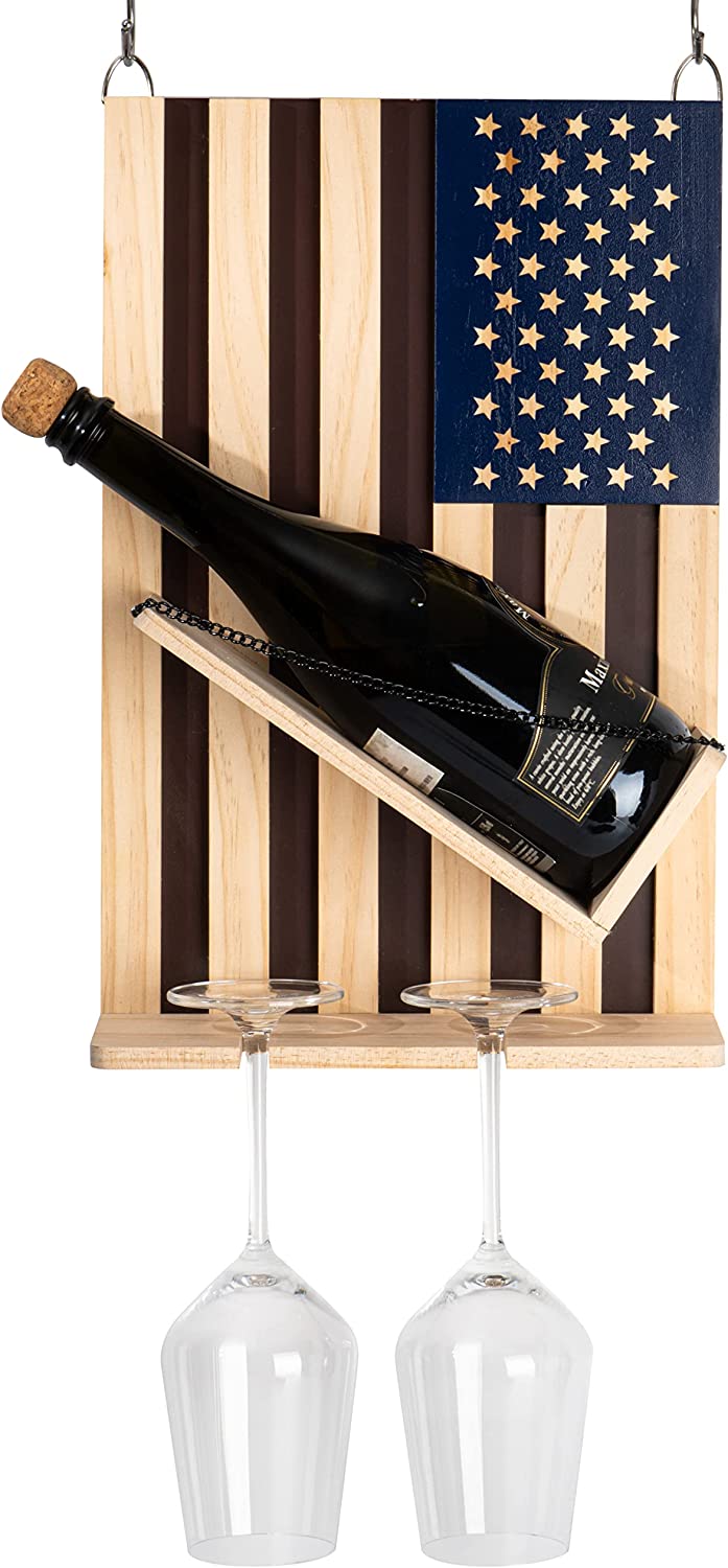 American Flag Wine & Bottle Wall Rack Holder with 2 Wine Glasses by The Wine Savant - patriotic Centerpiece Home Decor Wine Storage Rack Display Holder Gun Gifts for Patriots, Veterans, Military 16"H-3