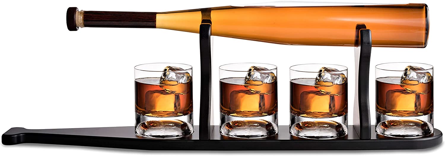 Baseball Bat Whiskey & Wine Decanter 4 Baseball Glasses, Spirits Set - Baseball Coach Gifts, Baseballs Lovers Coaches, Dad, Boyfriend, Brother, Friend Gift - For Whiskey & Wine (Baseball bat base)-1