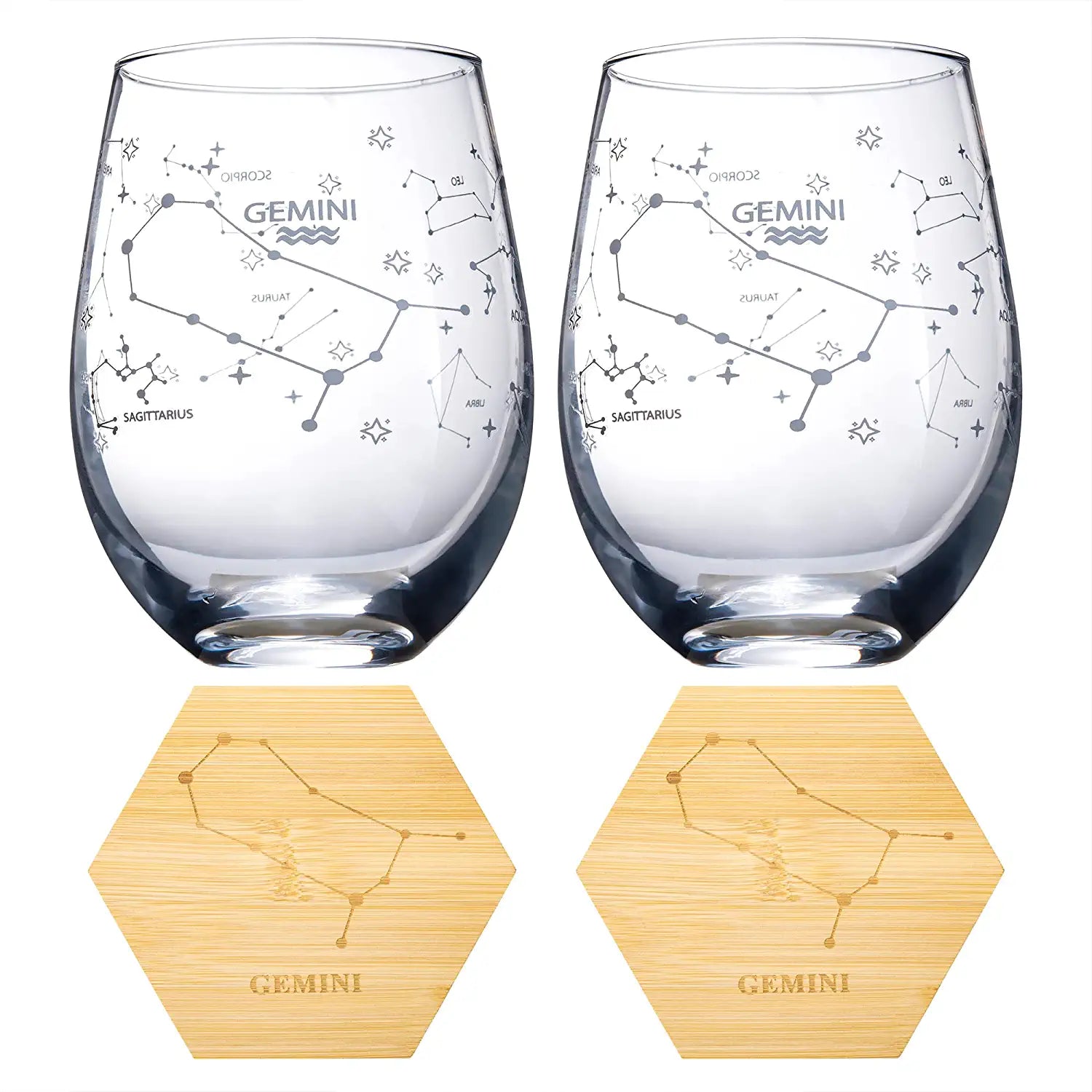 Set of 2 Zodiac Sign Wine Glasses with 2 Wooden Coasters by The Wine Savant - Astrology Drinking Glass Set with Etched Constellation Tumblers for Juice, Water Home Bar Horoscope Gifts (Gemini)-1