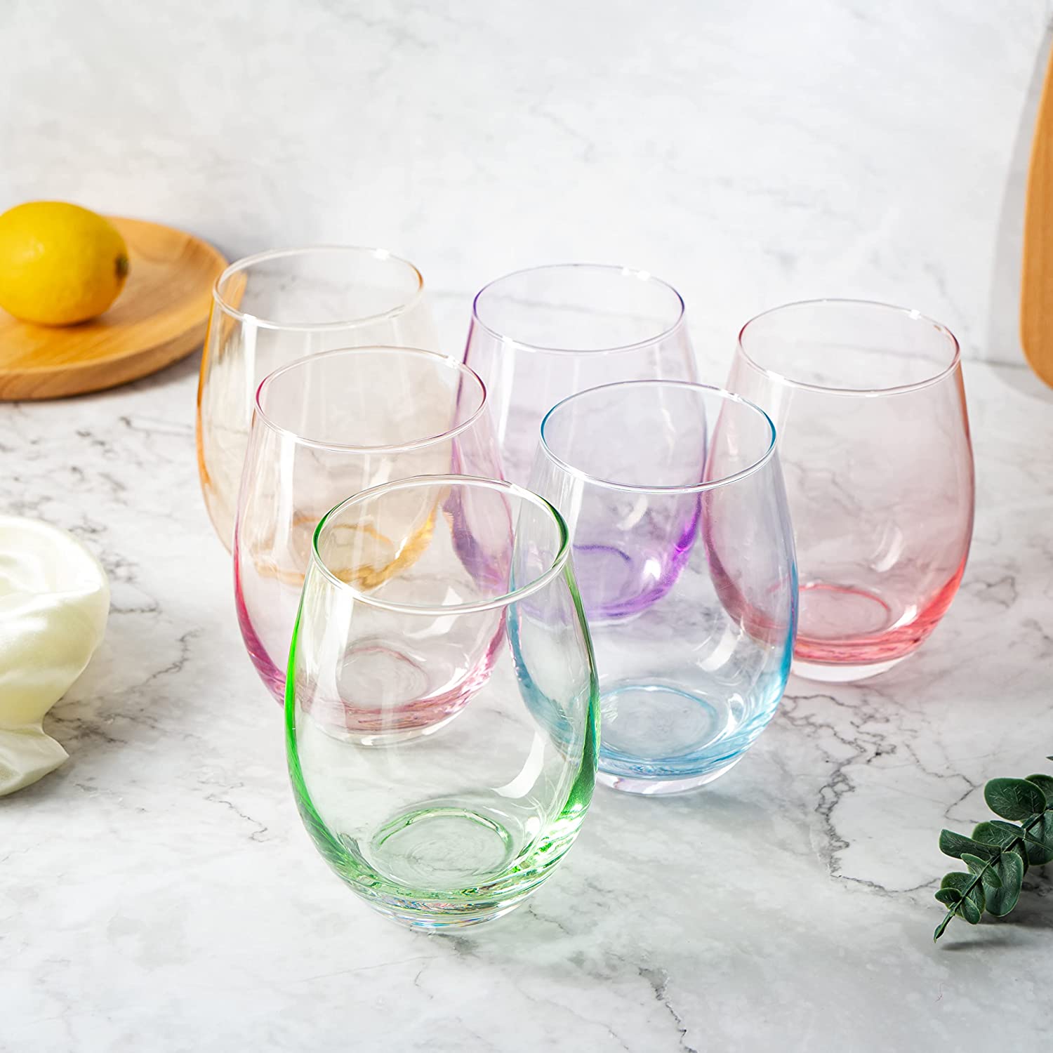 Colored Wine Glass Set, Large 12 oz Glasses Set of 6, Unique Italian Style Short Tumblers for White Wine , Red Wine, Water, Margarita Glasses, Colored Tumbler, Gift, Gifts (Stemless)-4