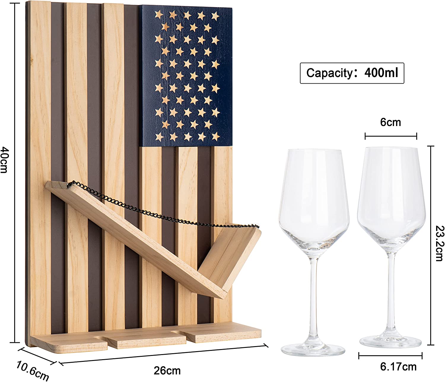 American Flag Wine & Bottle Wall Rack Holder with 2 Wine Glasses by The Wine Savant - patriotic Centerpiece Home Decor Wine Storage Rack Display Holder Gun Gifts for Patriots, Veterans, Military 16"H-4