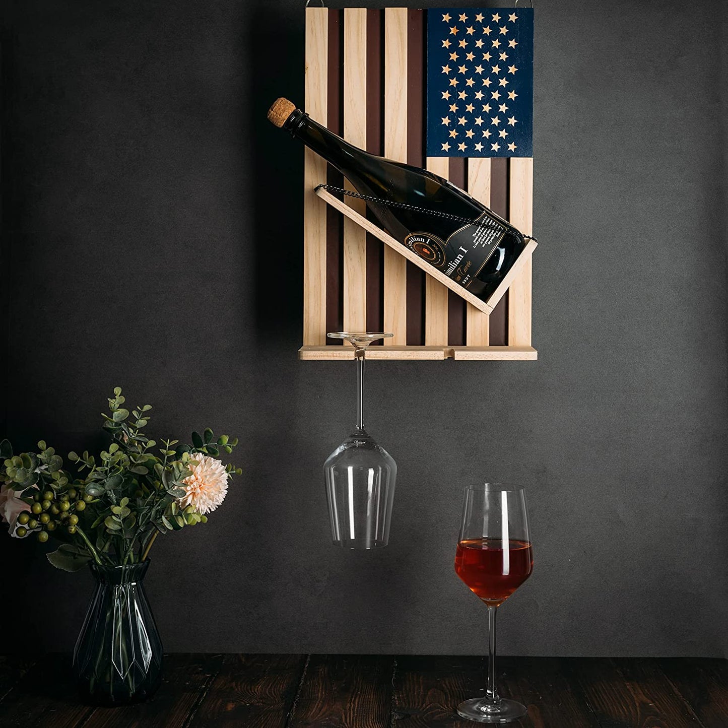 American Flag Wine & Bottle Wall Rack Holder with 2 Wine Glasses by The Wine Savant - patriotic Centerpiece Home Decor Wine Storage Rack Display Holder Gun Gifts for Patriots, Veterans, Military 16"H-5