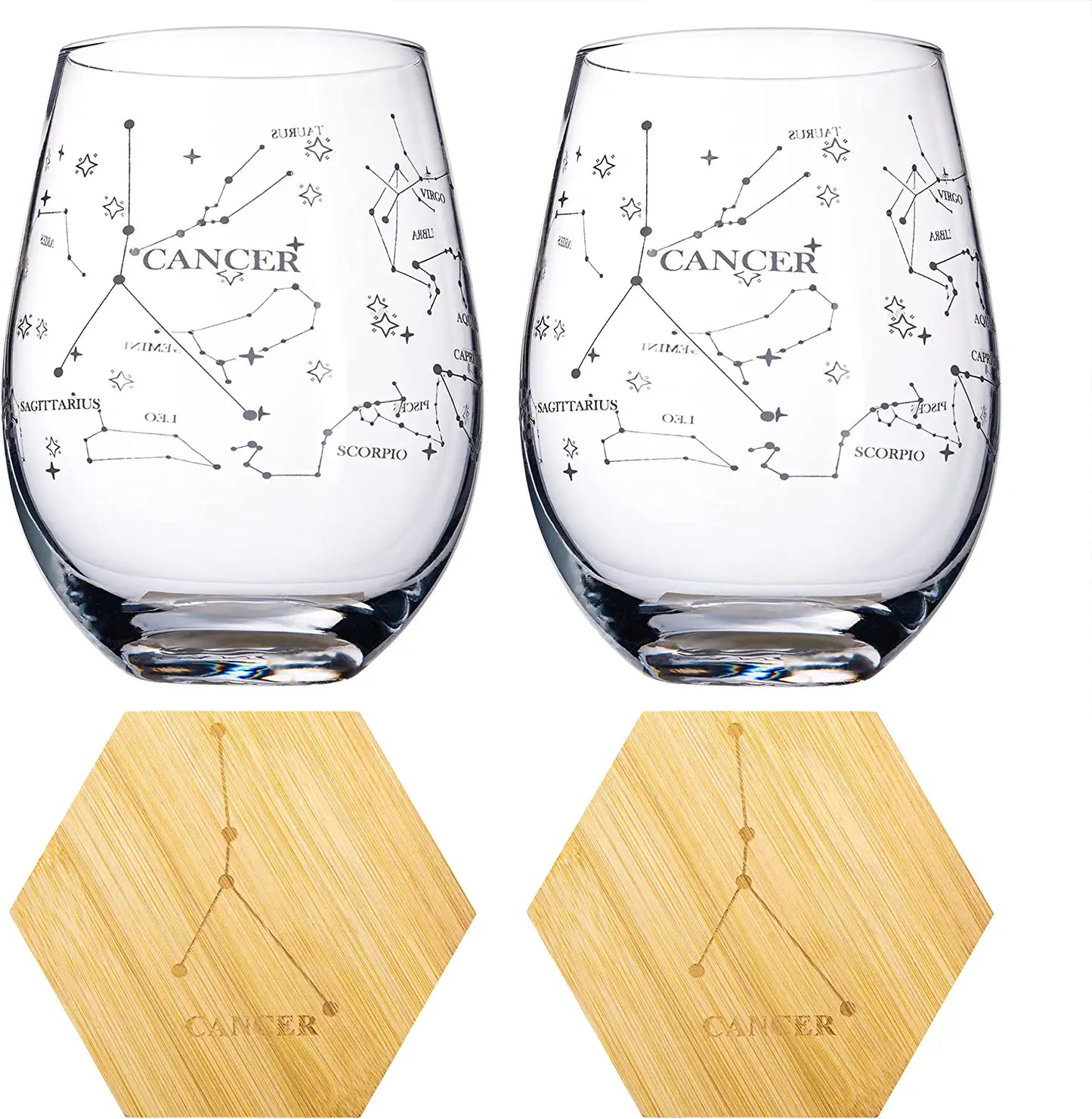 Set of 2 Zodiac Sign Wine Glasses with 2 Wooden Coasters by The Wine Savant - Astrology Drinking Glass Set with Etched Constellation Tumblers for Wine, Juice, Water Home Bar Horoscope Gifts (Cancer)-1