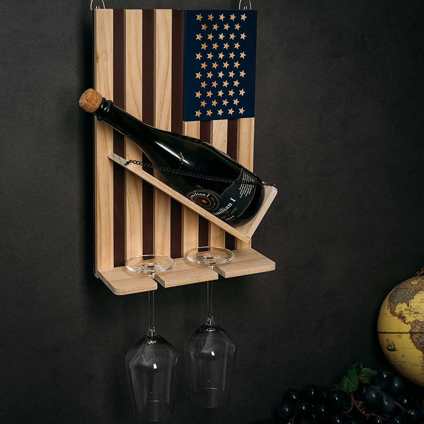 American Flag Wine & Bottle Wall Rack Holder with 2 Wine Glasses by The Wine Savant - patriotic Centerpiece Home Decor Wine Storage Rack Display Holder Gun Gifts for Patriots, Veterans, Military 16"H-2