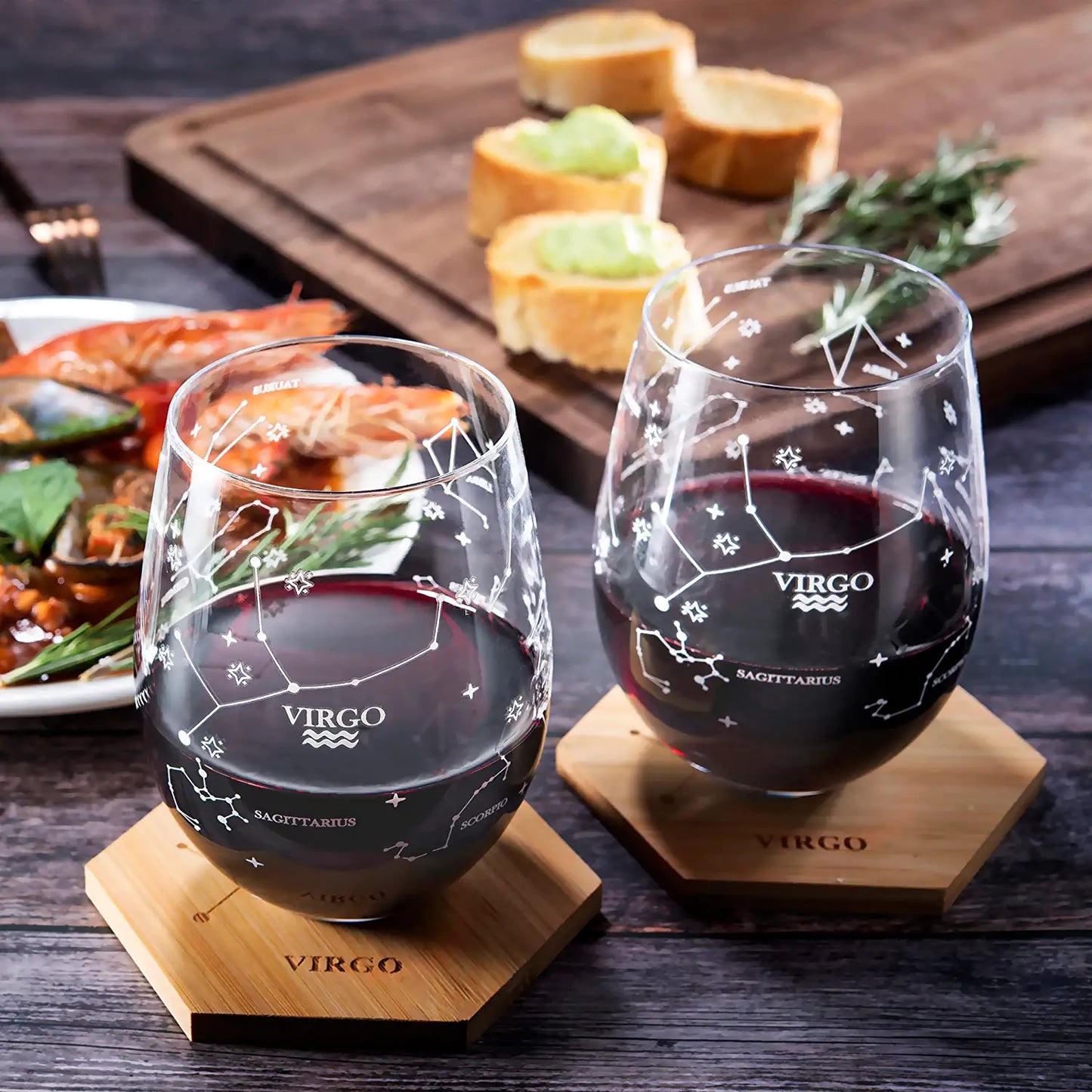 Set of 2 Zodiac Sign Wine Glasses with 2 Wooden Coasters by The Wine Savant - Astrology Drinking Glass Set with Etched Constellation Tumblers for Juice, Water Home Bar Horoscope Gifts (Virgo)-4