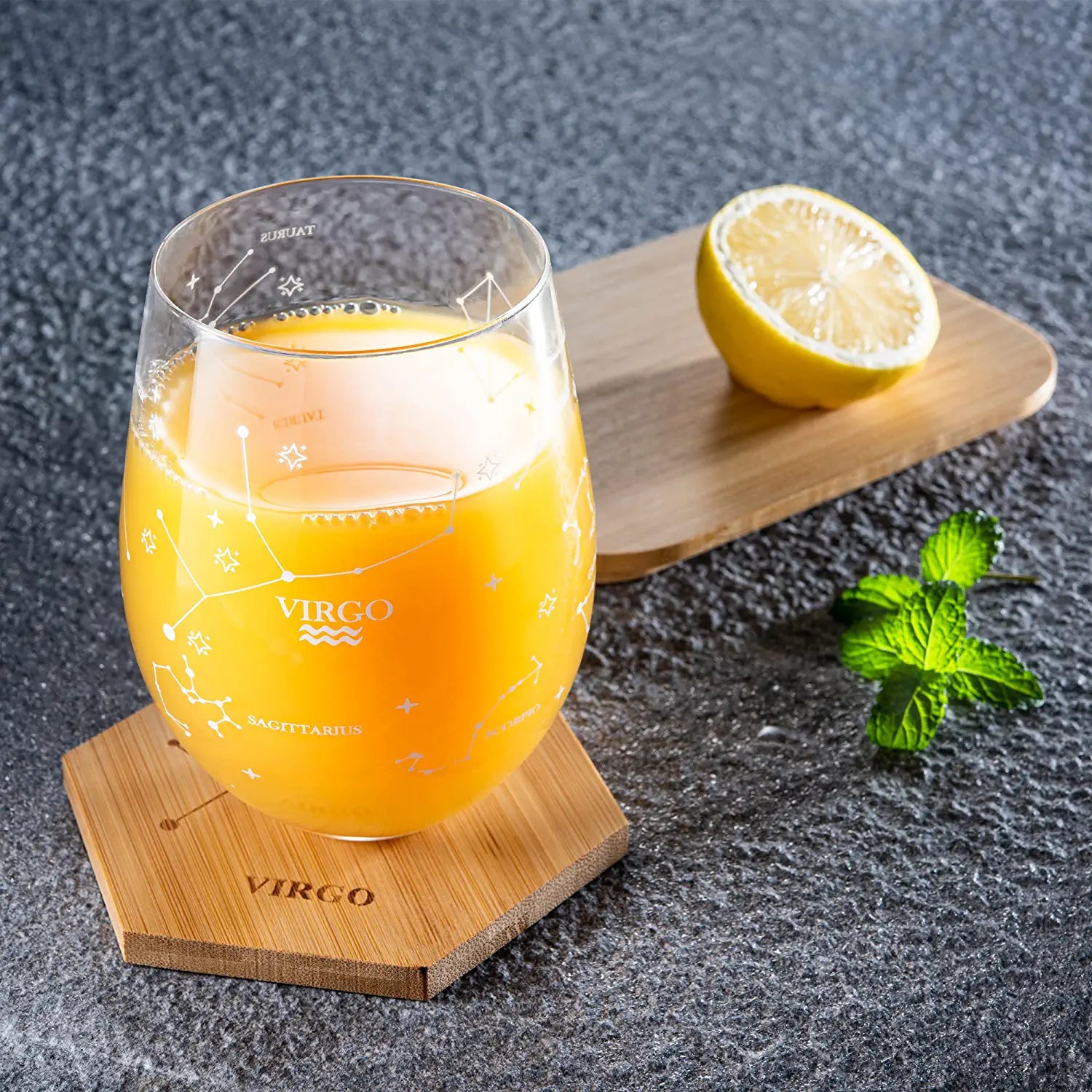 Set of 2 Zodiac Sign Wine Glasses with 2 Wooden Coasters by The Wine Savant - Astrology Drinking Glass Set with Etched Constellation Tumblers for Juice, Water Home Bar Horoscope Gifts (Virgo)-3