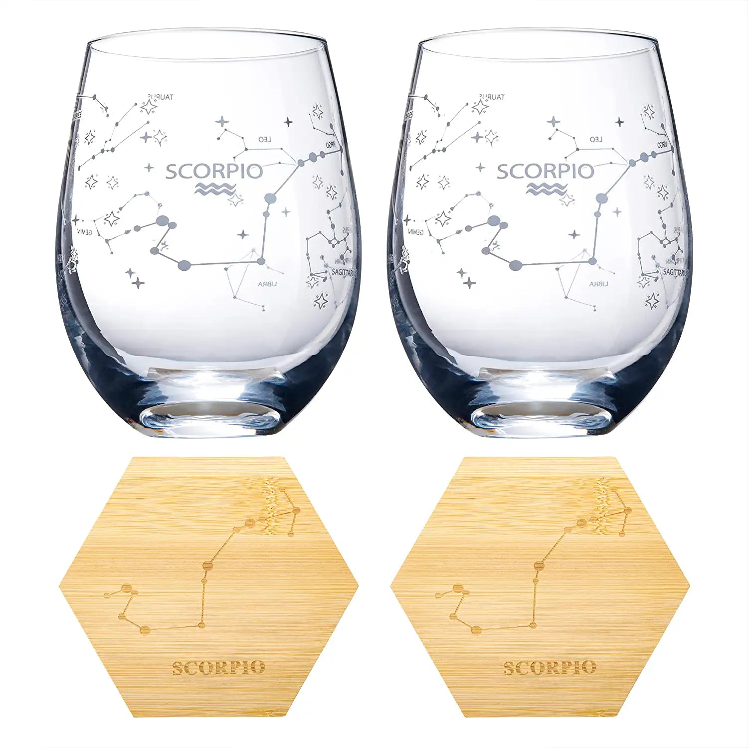 Set of 2 Zodiac Sign Wine Glasses with 2 Wooden Coasters by The Wine Savant - Astrology Drinking Glass Set with Etched Constellation Tumblers for Juice, Water Home Bar Horoscope Gifts (Scorpio)-1