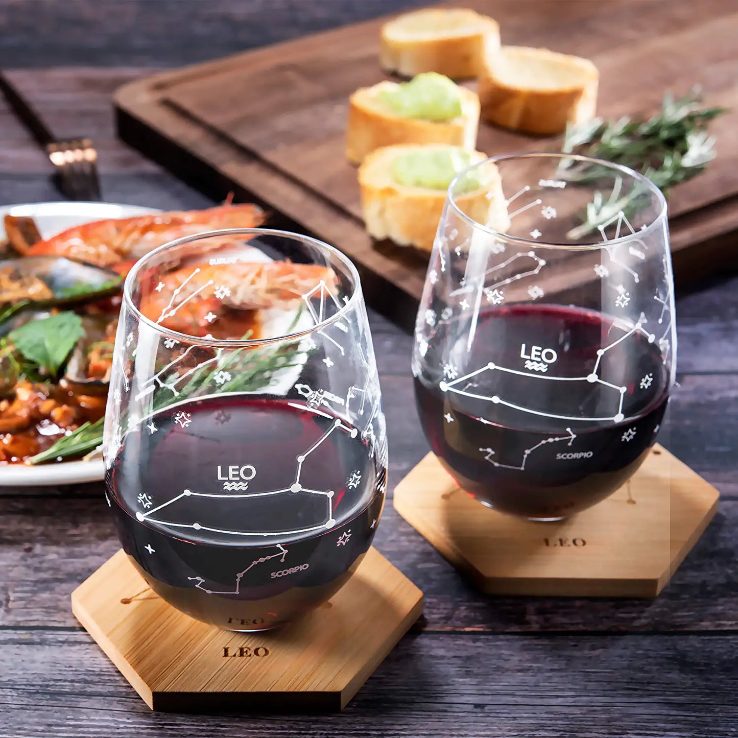 Set of 2 Zodiac Sign Wine Glasses with 2 Wooden Coasters by The Wine Savant - Astrology Drinking Glass Set with Etched Constellation Tumblers for Juice, Water Home Bar Horoscope Gifts (Leo)-4