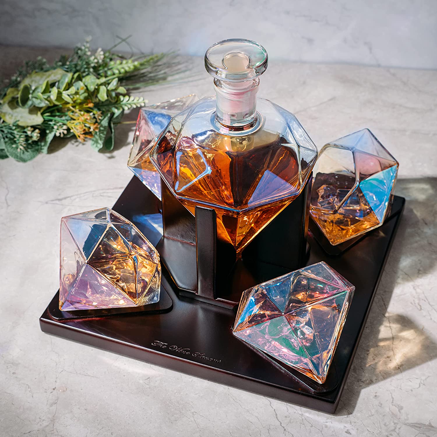 The Wine Savant Diamond Whiskey and Wine Decanter, Great Gift! 750ml With 4 Diamond Glasses and Beautiful Mahogany Wooden Holder Liquor, Scotch, Rum, Bourbon, Vodka, Tequila Decanter-5