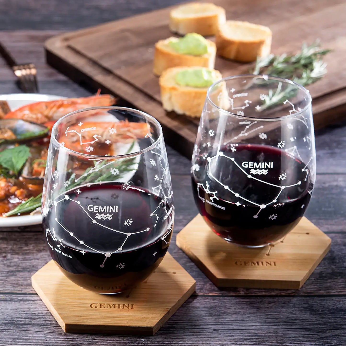 Set of 2 Zodiac Sign Wine Glasses with 2 Wooden Coasters by The Wine Savant - Astrology Drinking Glass Set with Etched Constellation Tumblers for Juice, Water Home Bar Horoscope Gifts (Gemini)-4