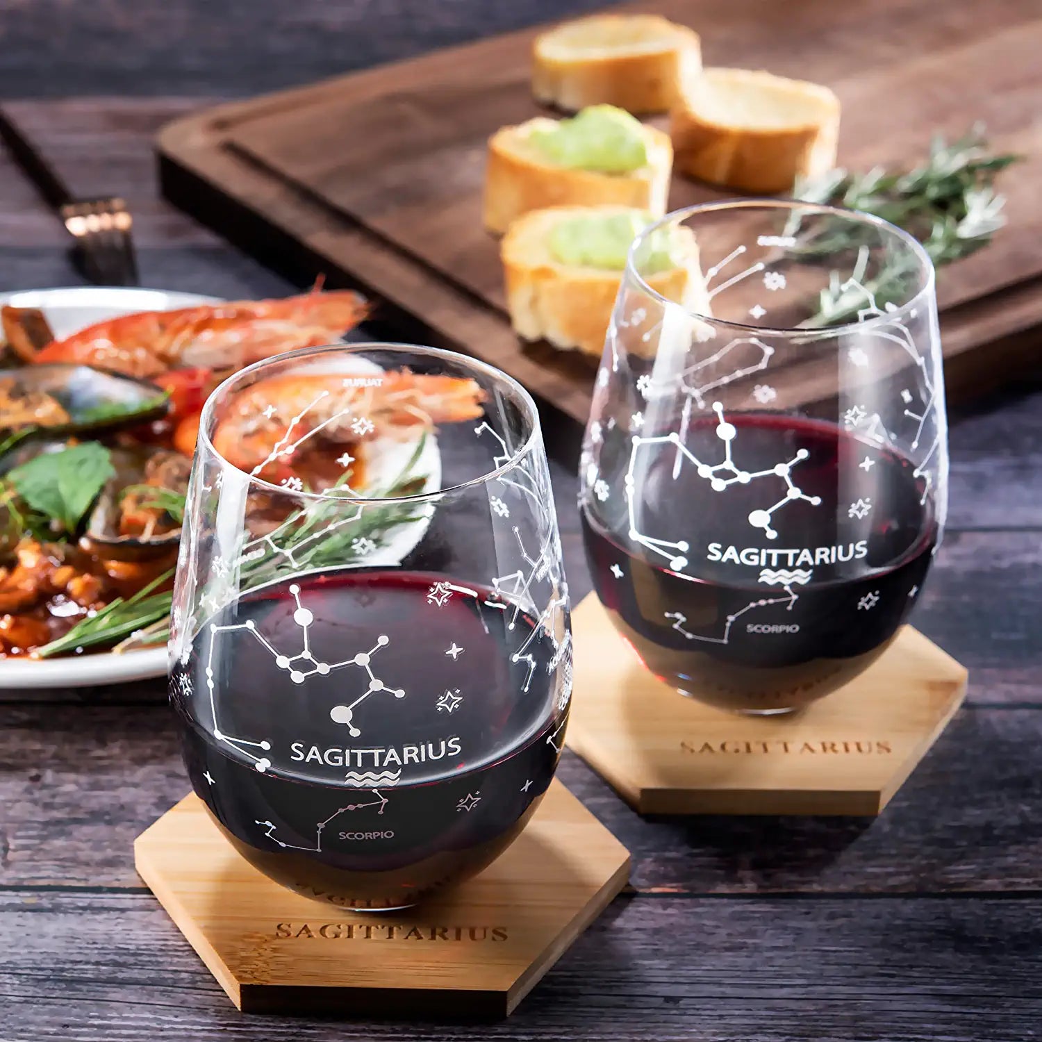 Set of 2 Zodiac Sign Wine Glasses with 2 Wooden Coasters by The Wine Savant - Astrology Drinking Glass Set with Etched Constellation Tumblers for Juice, Water Home Bar Horoscope Gifts (Sagittarius)-4