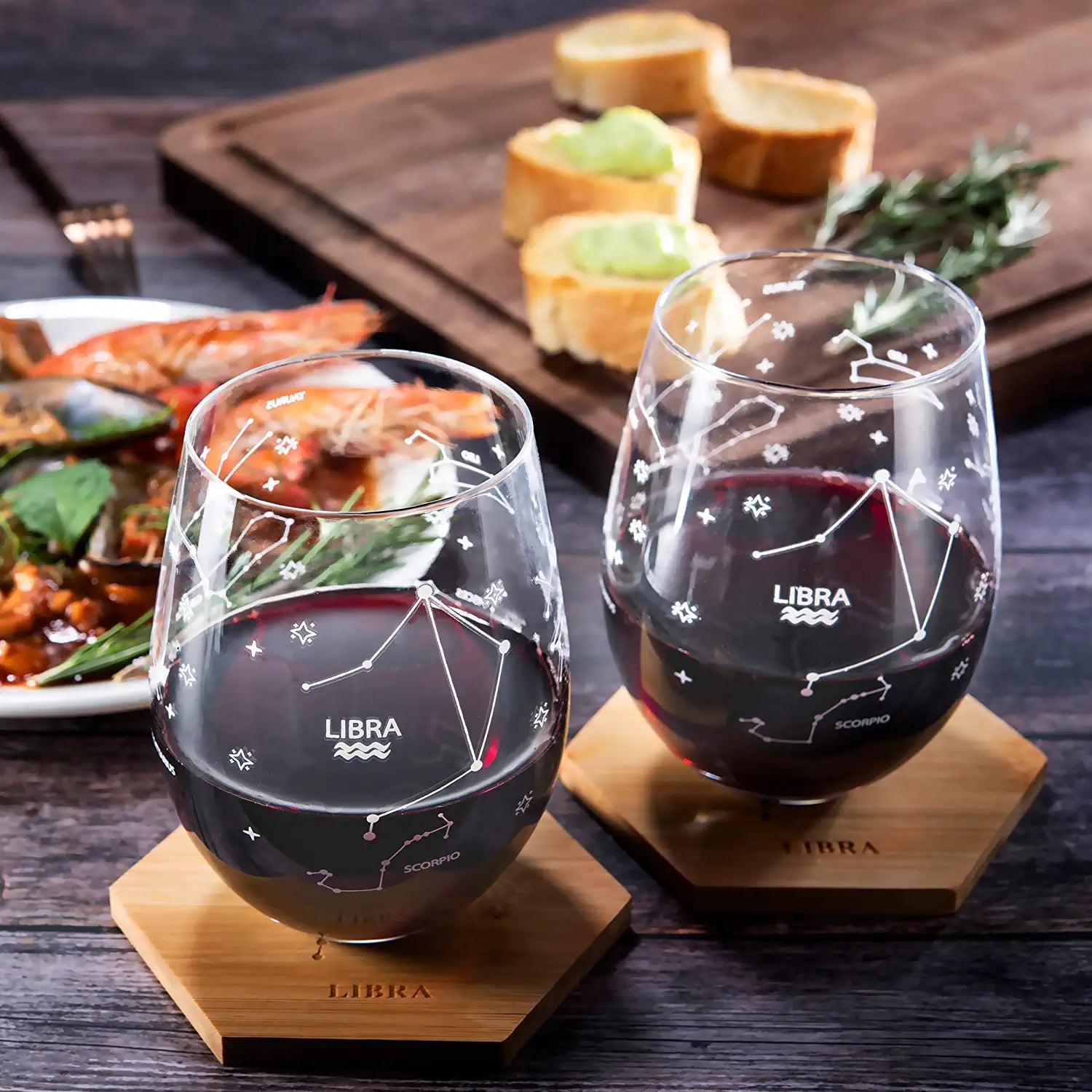 Set of 2 Zodiac Sign Wine Glasses with 2 Wooden Coasters by The Wine Savant - Astrology Drinking Glass Set with Etched Constellation Tumblers for Juice, Water Home Bar Horoscope Gifts (Libra)-4