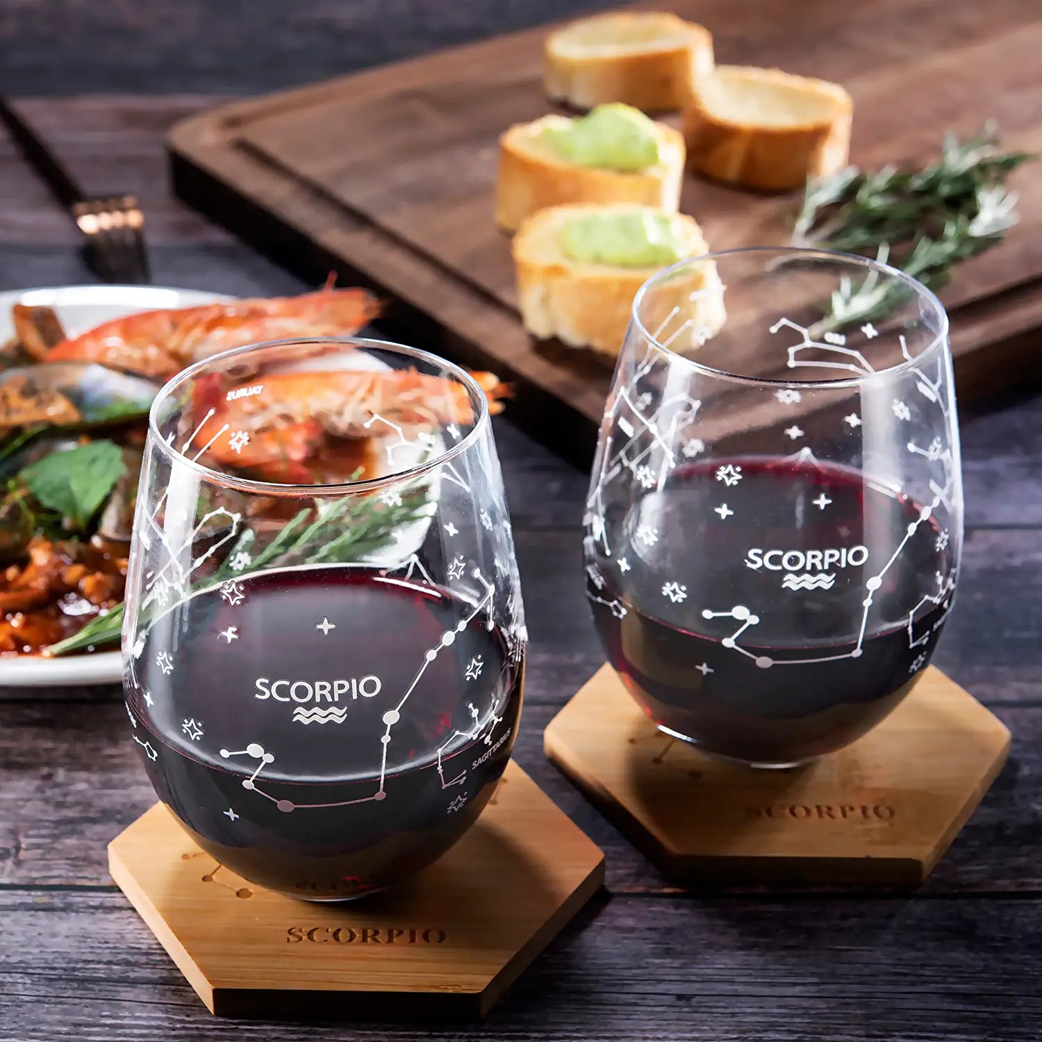 Set of 2 Zodiac Sign Wine Glasses with 2 Wooden Coasters by The Wine Savant - Astrology Drinking Glass Set with Etched Constellation Tumblers for Juice, Water Home Bar Horoscope Gifts (Scorpio)-4