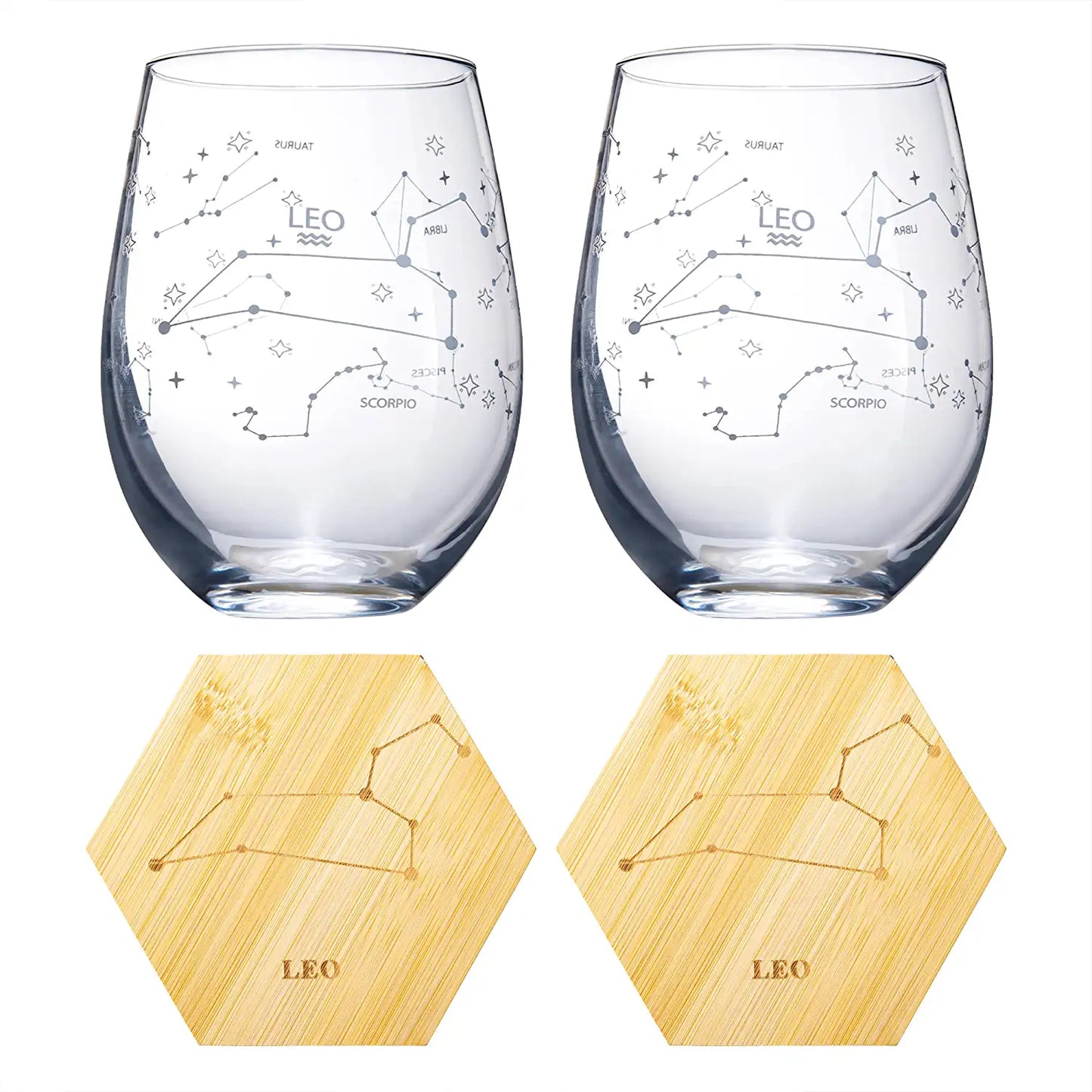 Set of 2 Zodiac Sign Wine Glasses with 2 Wooden Coasters by The Wine Savant - Astrology Drinking Glass Set with Etched Constellation Tumblers for Juice, Water Home Bar Horoscope Gifts (Leo)-1