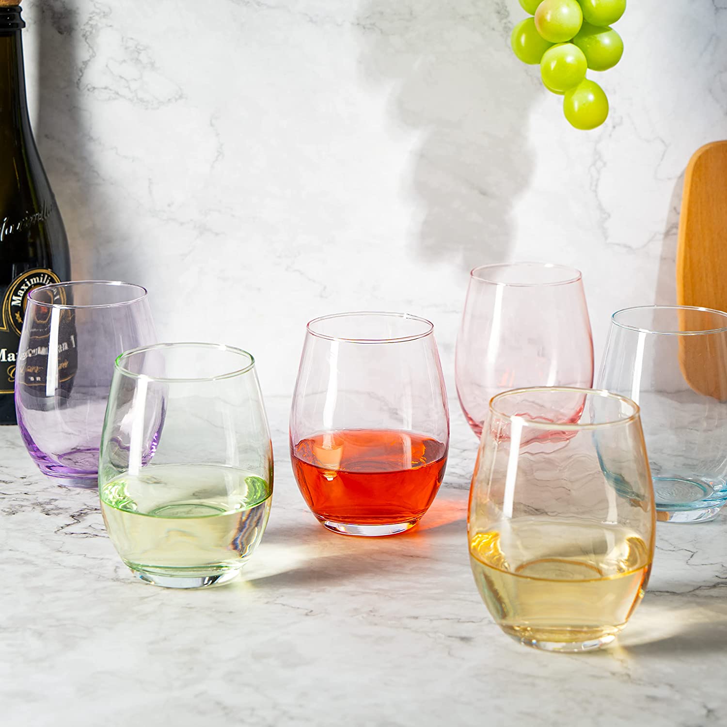 Colored Wine Glass Set, Large 12 oz Glasses Set of 6, Unique Italian Style Short Tumblers for White Wine , Red Wine, Water, Margarita Glasses, Colored Tumbler, Gift, Gifts (Stemless)-3