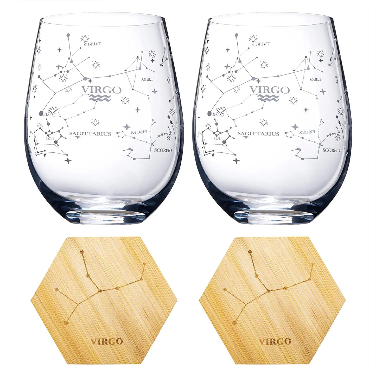 Set of 2 Zodiac Sign Wine Glasses with 2 Wooden Coasters by The Wine Savant - Astrology Drinking Glass Set with Etched Constellation Tumblers for Juice, Water Home Bar Horoscope Gifts (Virgo)-1