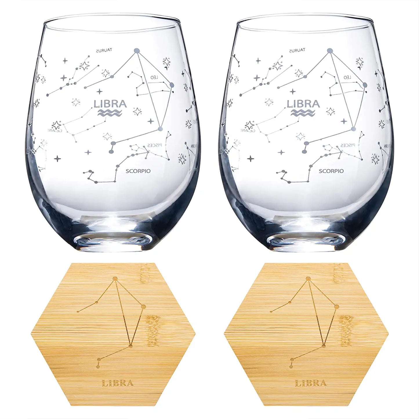 Set of 2 Zodiac Sign Wine Glasses with 2 Wooden Coasters by The Wine Savant - Astrology Drinking Glass Set with Etched Constellation Tumblers for Juice, Water Home Bar Horoscope Gifts (Libra)-1