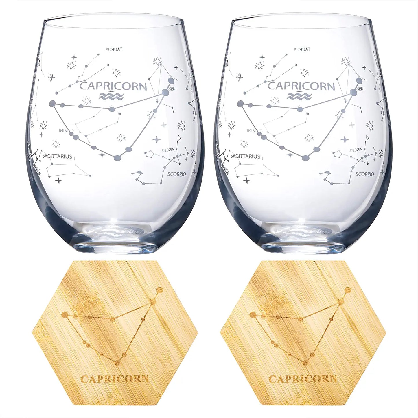 Set of 2 Zodiac Sign Wine Glasses with 2 Wooden Coasters by The Wine Savant - Astrology Drinking Glass Set with Etched Constellation Tumblers for Juice, Water Home Bar Horoscope Gifts (Capricorn)-1