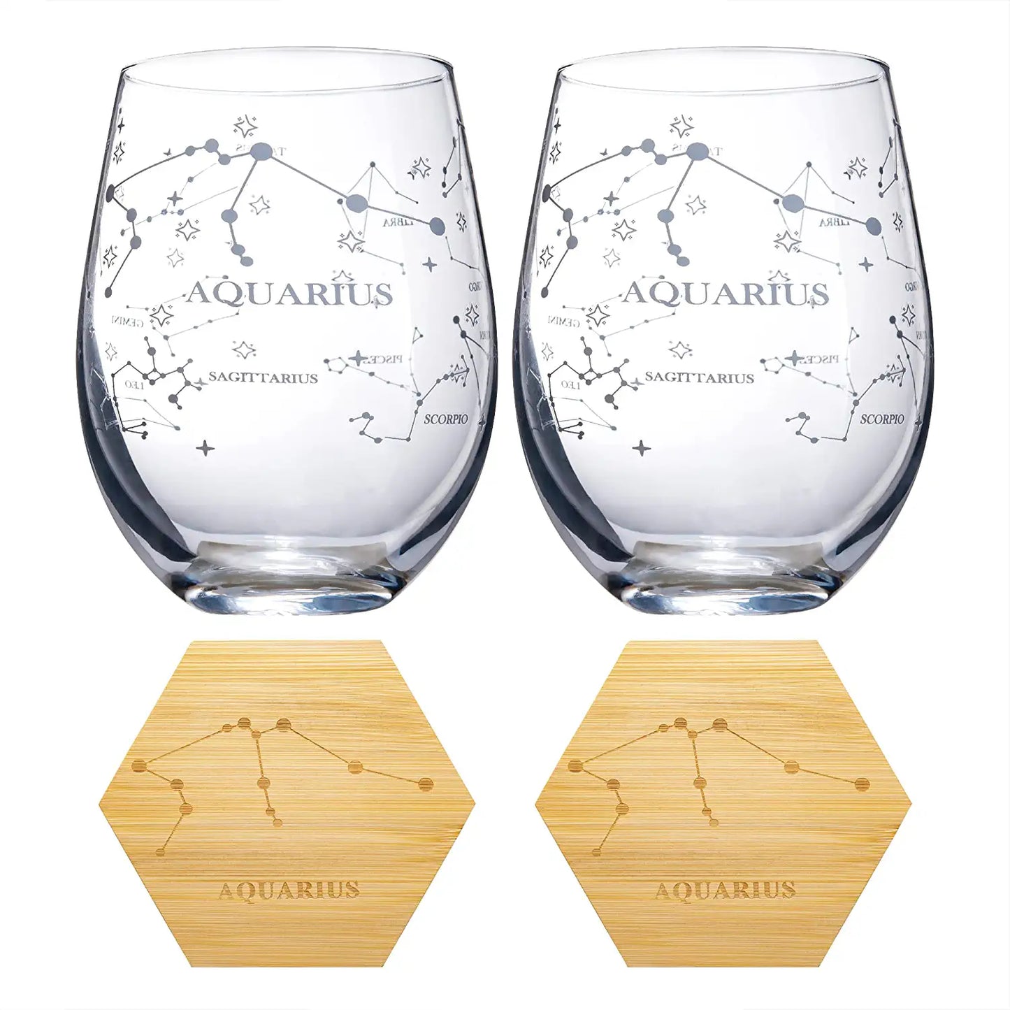 Set of 2 Zodiac Sign Wine Glasses with 2 Wooden Coasters by The Wine Savant - Astrology Drinking Glass Set with Etched Constellation Tumblers for Juice, Water Home Bar Horoscope Gifts (Aquarius)-1