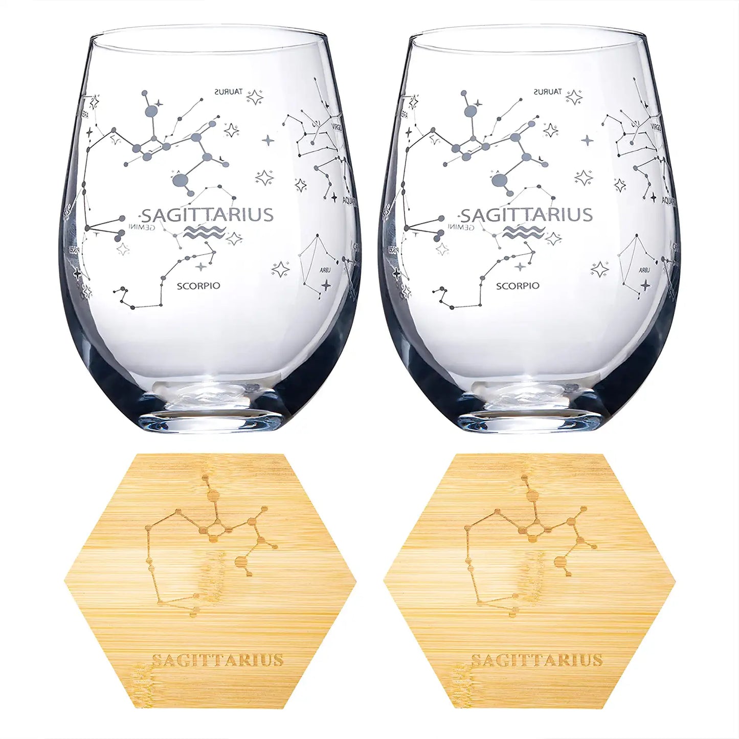 Set of 2 Zodiac Sign Wine Glasses with 2 Wooden Coasters by The Wine Savant - Astrology Drinking Glass Set with Etched Constellation Tumblers for Juice, Water Home Bar Horoscope Gifts (Sagittarius)-1