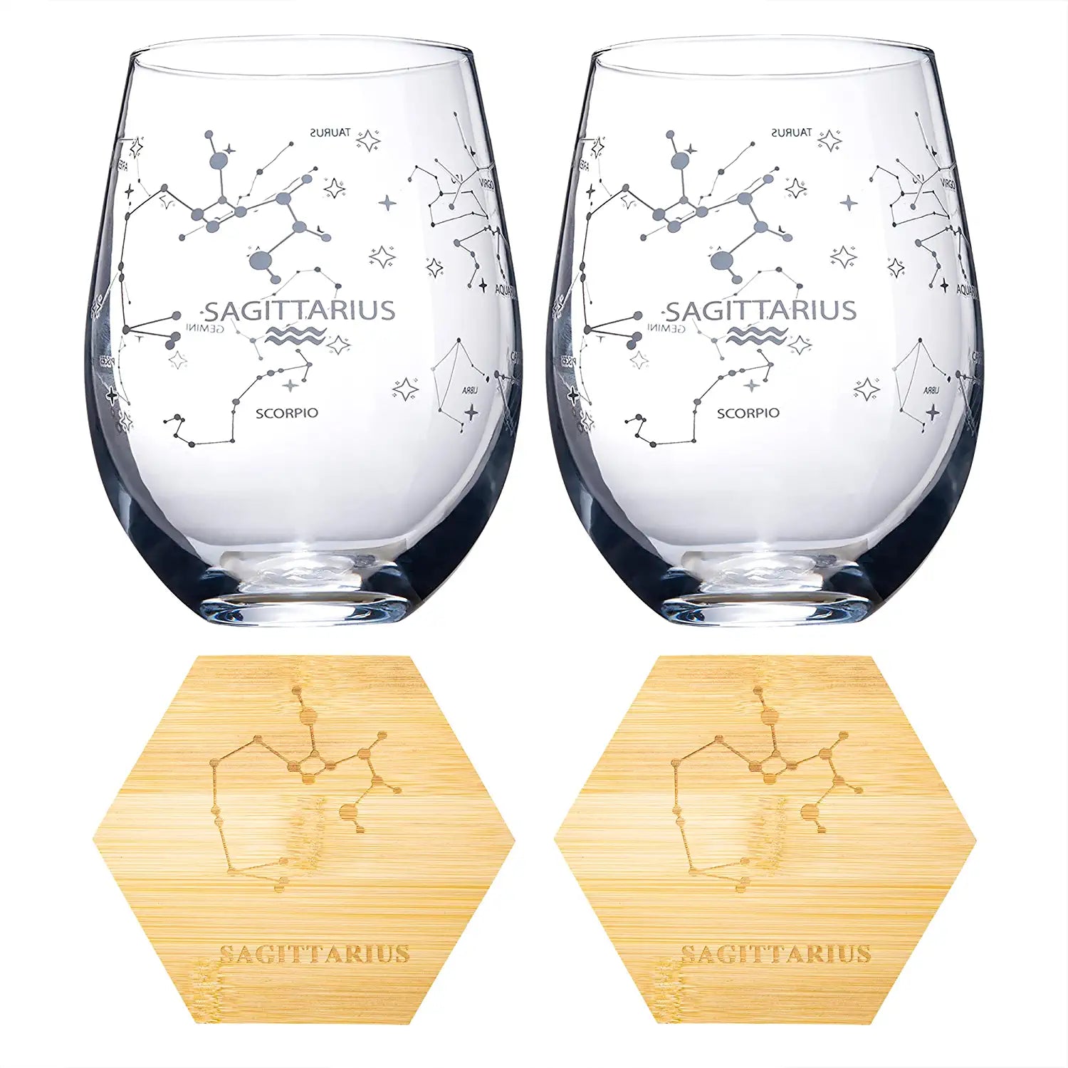 Set of 2 Zodiac Sign Wine Glasses with 2 Wooden Coasters by The Wine Savant - Astrology Drinking Glass Set with Etched Constellation Tumblers for Juice, Water Home Bar Horoscope Gifts (Sagittarius)-1