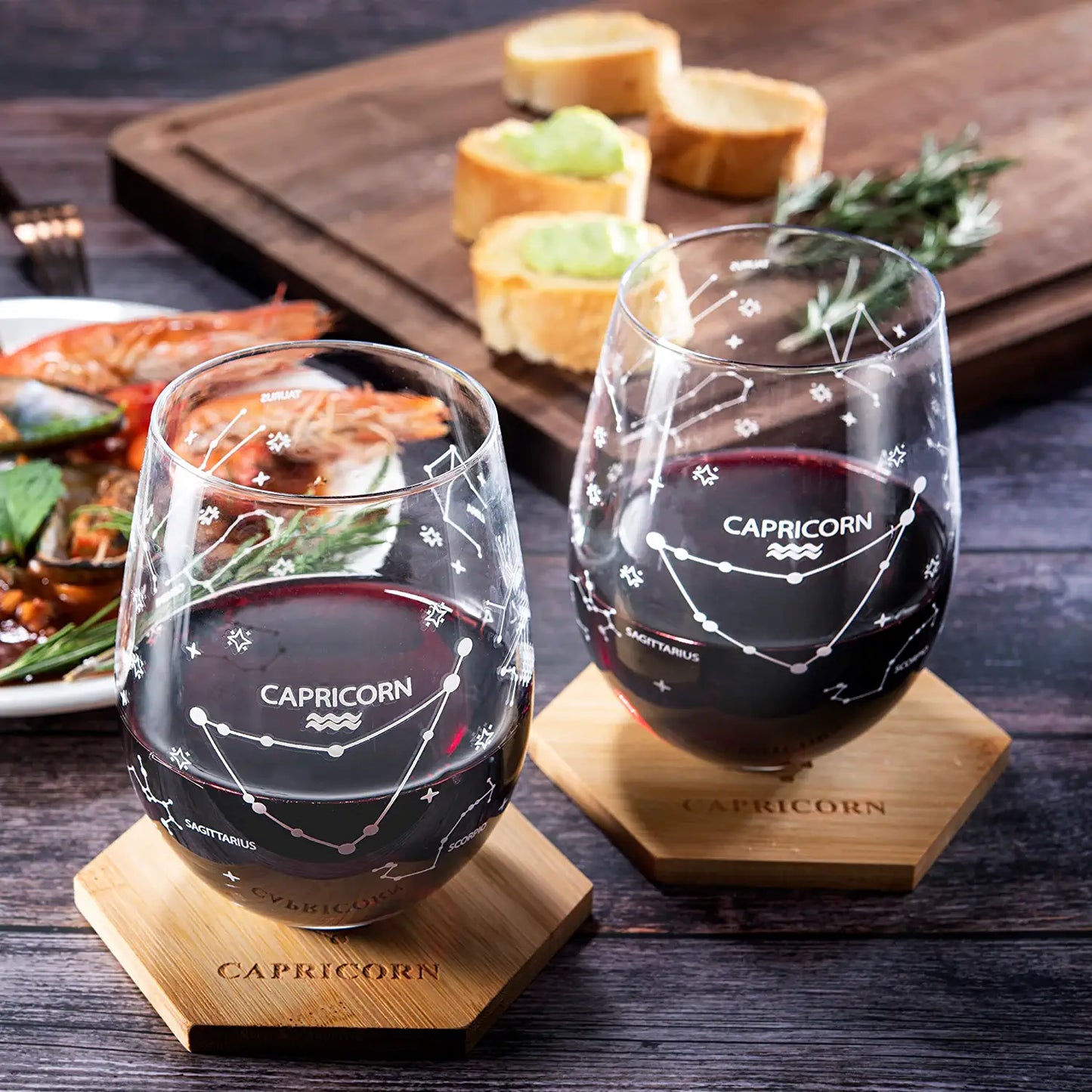 Set of 2 Zodiac Sign Wine Glasses with 2 Wooden Coasters by The Wine Savant - Astrology Drinking Glass Set with Etched Constellation Tumblers for Juice, Water Home Bar Horoscope Gifts (Capricorn)-4