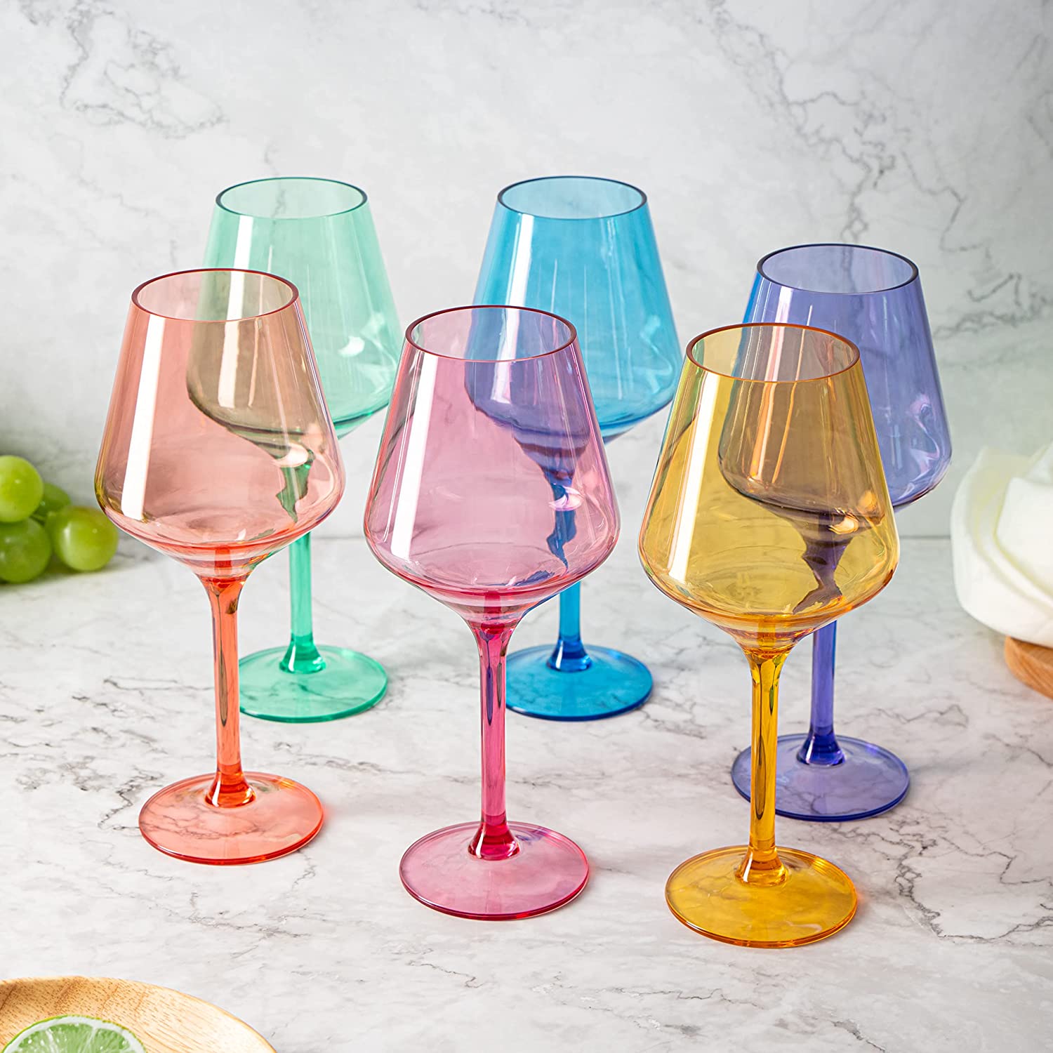 Unbreakable Colored Stemmed Wine Glasses, Made from Shatterproof Tritan BPA-free plastic, Reusable, Colored Wine Glass Set, Large 15 oz Set - 6, Unique Italian Style White & Red Wine, Water Glassware-4