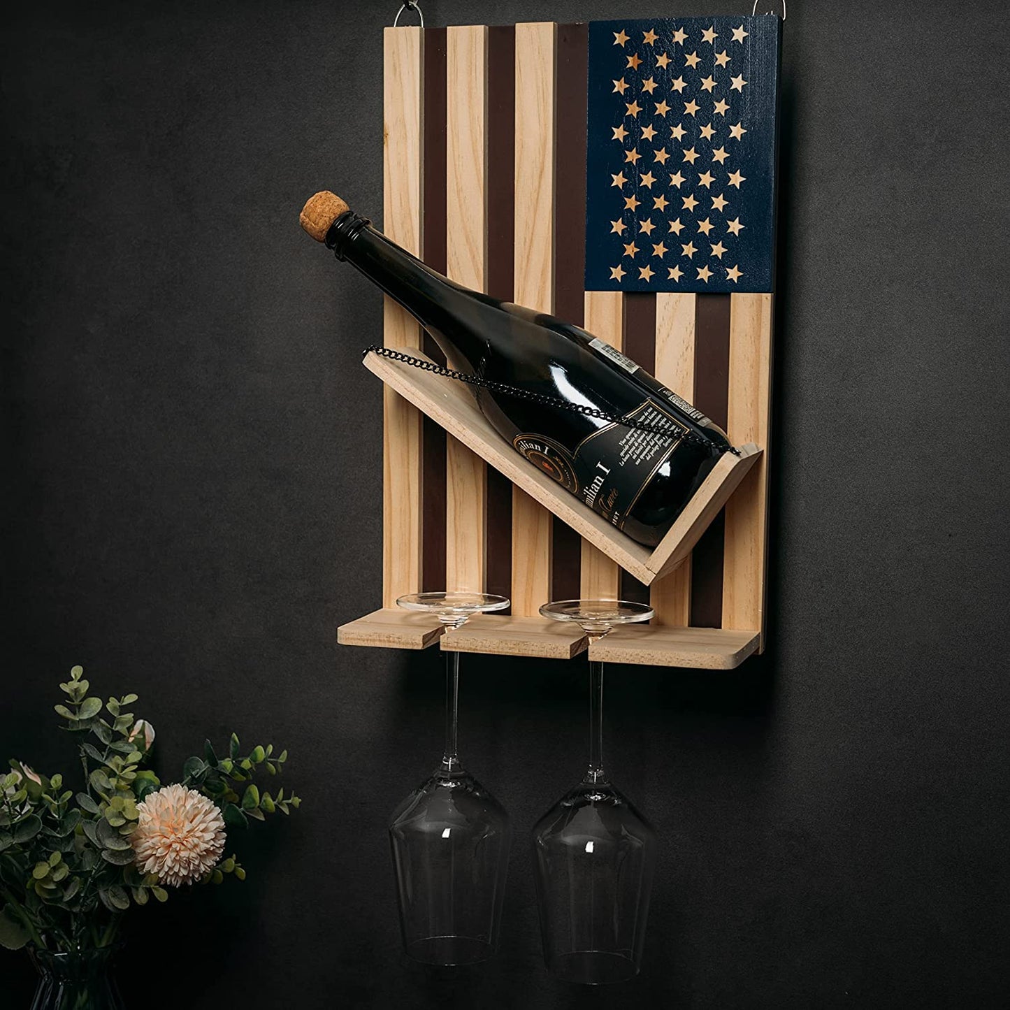 American Flag Wine & Bottle Wall Rack Holder with 2 Wine Glasses by The Wine Savant - patriotic Centerpiece Home Decor Wine Storage Rack Display Holder Gun Gifts for Patriots, Veterans, Military 16"H-6