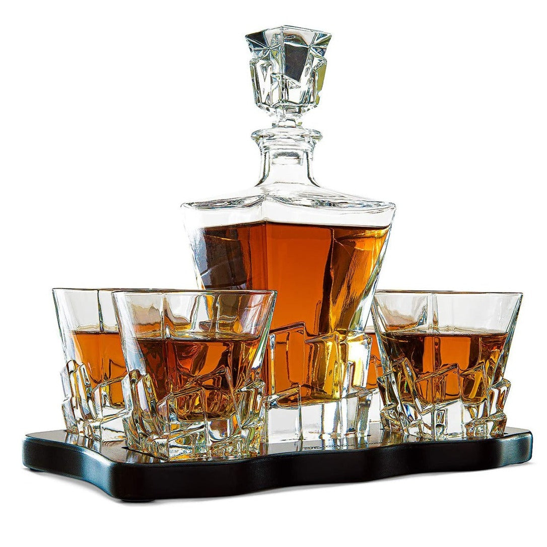 The Wine Savant Wine and Whiskey Iceberg Decanter with 4 Glasses and Wood Tray-0