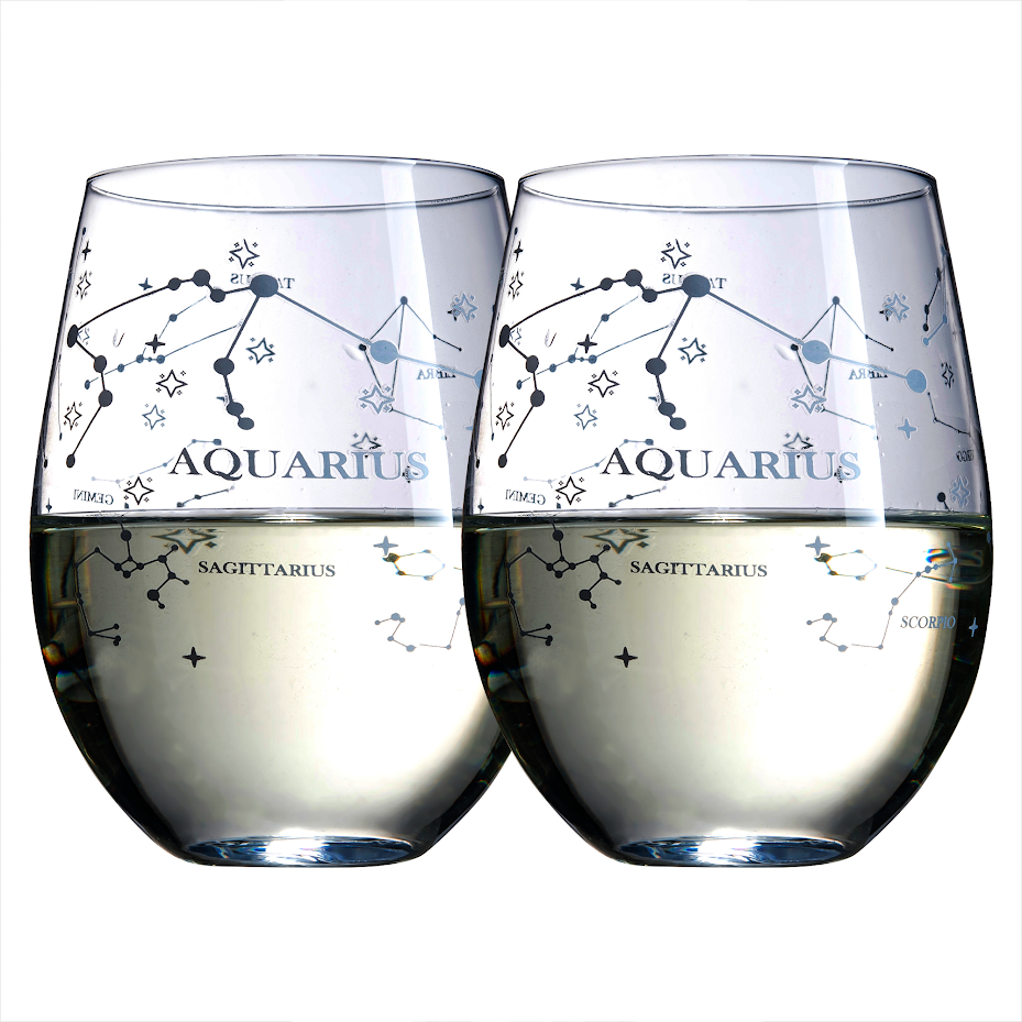 Set of 2 Zodiac Sign Wine Glasses with 2 Wooden Coasters by The Wine Savant - Astrology Drinking Glass Set with Etched Constellation Tumblers for Juice, Water Home Bar Horoscope Gifts (Aquarius)-0