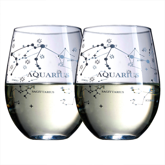 Set of 2 Zodiac Sign Wine Glasses with 2 Wooden Coasters by The Wine Savant - Astrology Drinking Glass Set with Etched Constellation Tumblers for Juice, Water Home Bar Horoscope Gifts (Aquarius)-0