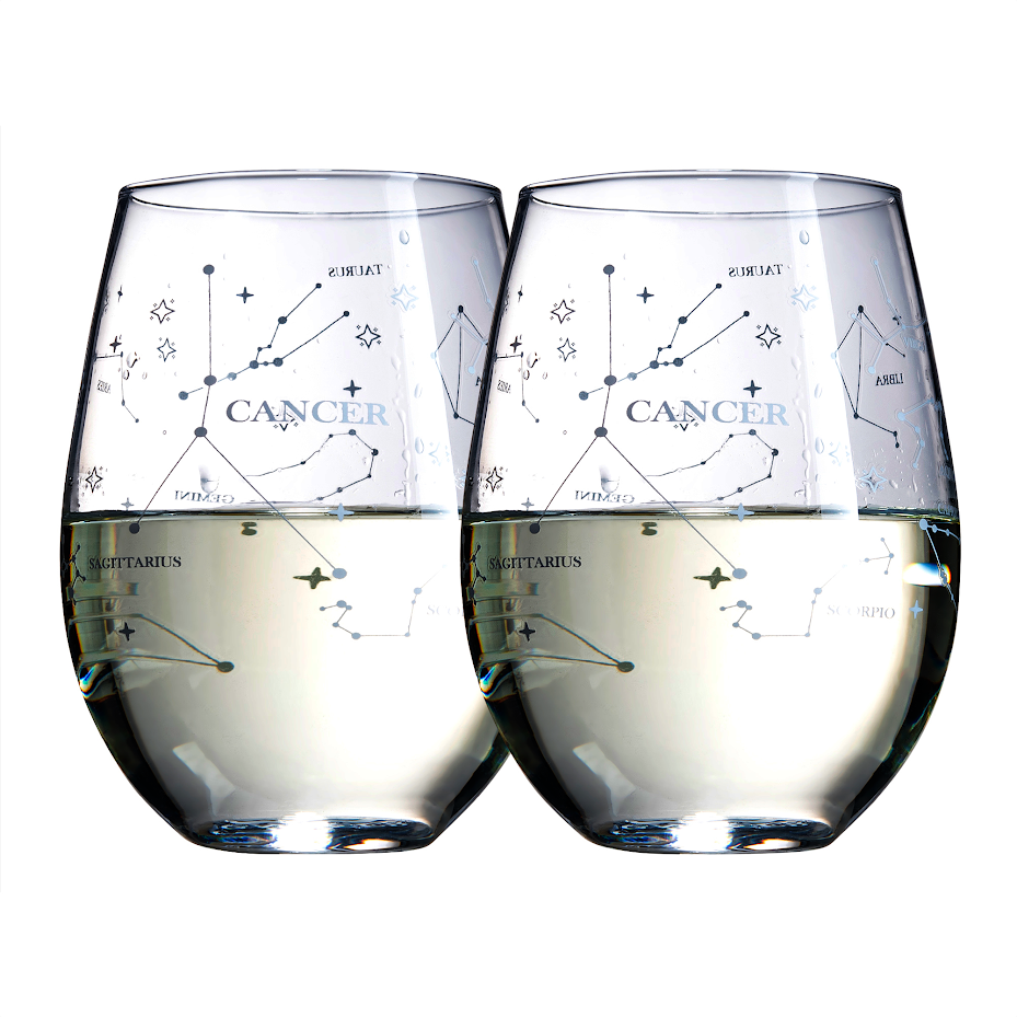 Set of 2 Zodiac Sign Wine Glasses with 2 Wooden Coasters by The Wine Savant - Astrology Drinking Glass Set with Etched Constellation Tumblers for Wine, Juice, Water Home Bar Horoscope Gifts (Cancer)-0