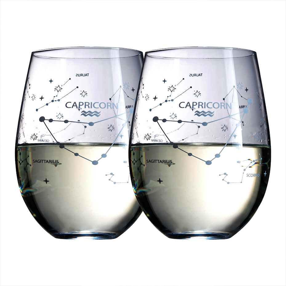 Set of 2 Zodiac Sign Wine Glasses with 2 Wooden Coasters by The Wine Savant - Astrology Drinking Glass Set with Etched Constellation Tumblers for Juice, Water Home Bar Horoscope Gifts (Capricorn)-0