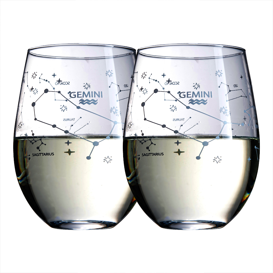 Set of 2 Zodiac Sign Wine Glasses with 2 Wooden Coasters by The Wine Savant - Astrology Drinking Glass Set with Etched Constellation Tumblers for Juice, Water Home Bar Horoscope Gifts (Gemini)-0