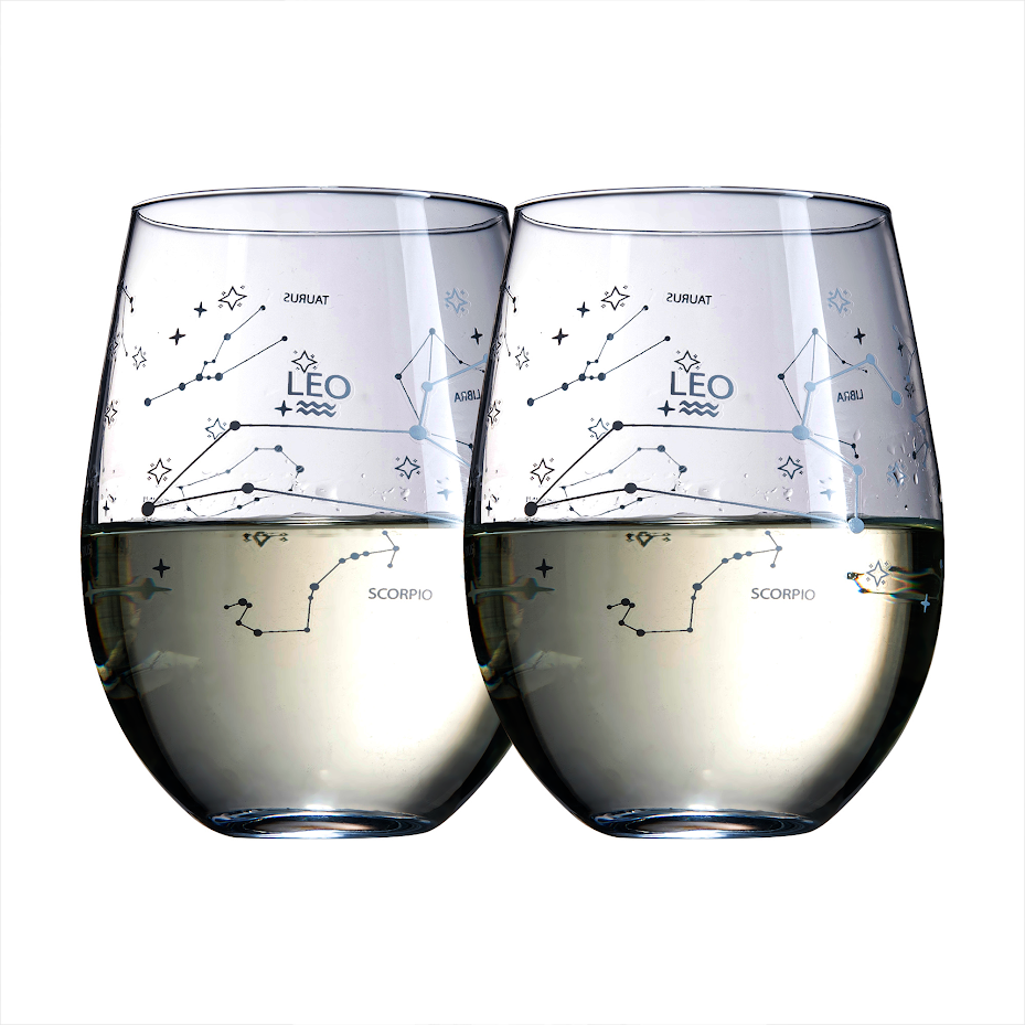 Set of 2 Zodiac Sign Wine Glasses with 2 Wooden Coasters by The Wine Savant - Astrology Drinking Glass Set with Etched Constellation Tumblers for Juice, Water Home Bar Horoscope Gifts (Leo)-0