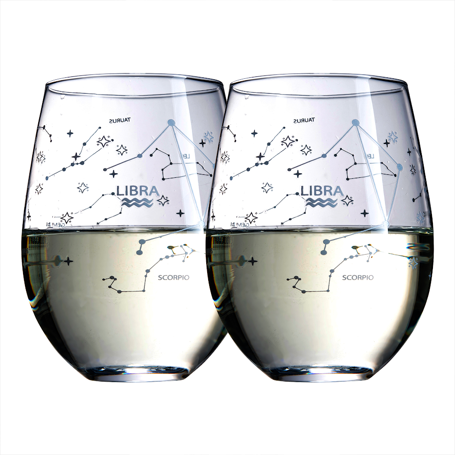 Set of 2 Zodiac Sign Wine Glasses with 2 Wooden Coasters by The Wine Savant - Astrology Drinking Glass Set with Etched Constellation Tumblers for Juice, Water Home Bar Horoscope Gifts (Libra)-0