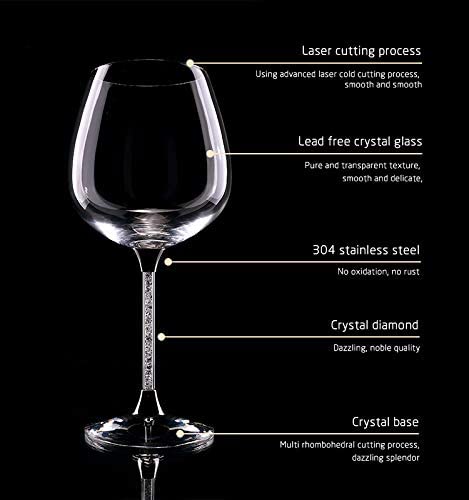 Crystal Wine Glasses Diamond Filled Stem, White and Red Wine, With Laser Cut Diamond Base Large 18 Ounces-3