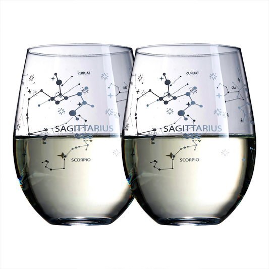 Set of 2 Zodiac Sign Wine Glasses with 2 Wooden Coasters by The Wine Savant - Astrology Drinking Glass Set with Etched Constellation Tumblers for Juice, Water Home Bar Horoscope Gifts (Sagittarius)-0