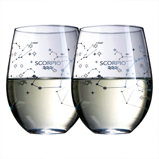 Set of 2 Zodiac Sign Wine Glasses with 2 Wooden Coasters by The Wine Savant - Astrology Drinking Glass Set with Etched Constellation Tumblers for Juice, Water Home Bar Horoscope Gifts (Scorpio)-0