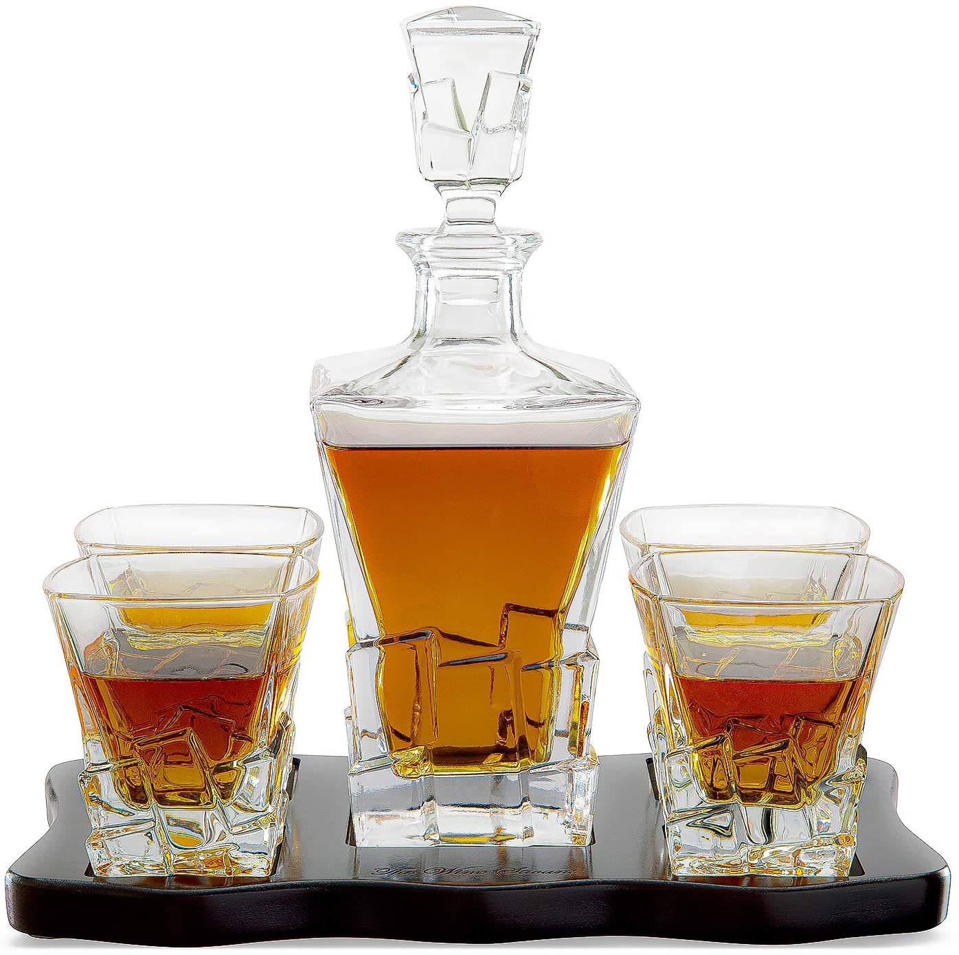 The Wine Savant Wine and Whiskey Iceberg Decanter with 4 Glasses and Wood Tray-1